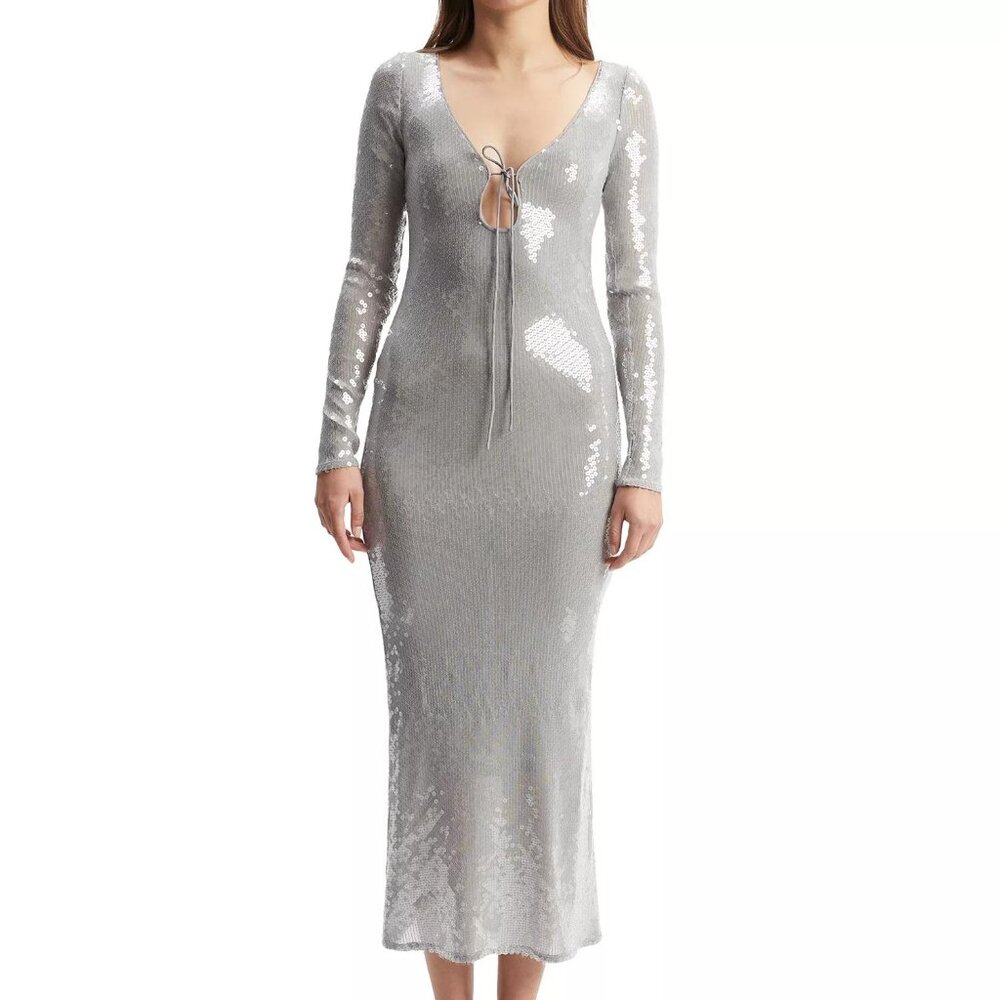 Bardot Women’s Verona Low-Back Sequin Maxi Dress – Silver – Size 4 – NWT